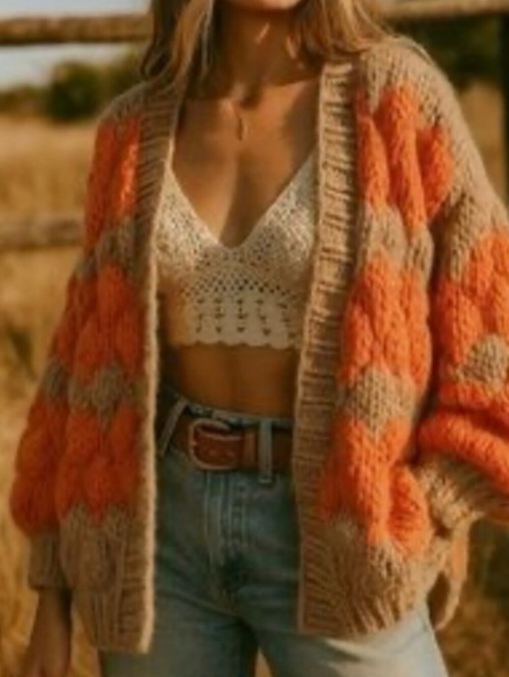 Women's Orange & Tan Chunky Open-Front Cardigan